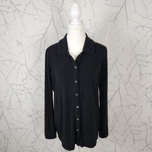 Wilfred Black Tencel Stretch Jersey Button Front Pose Shirt